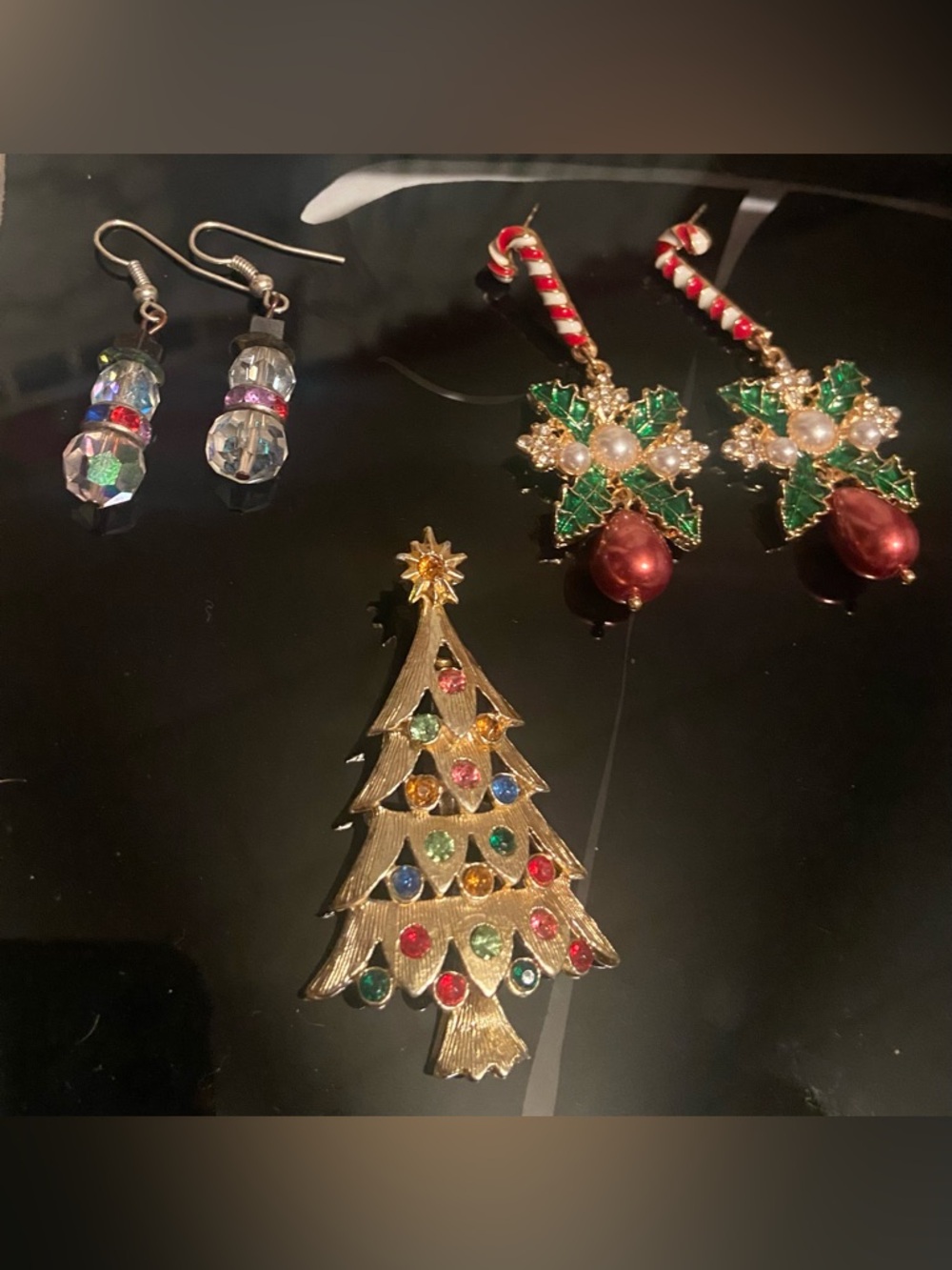 Holiday Multi-Color Christmas Tree Brooch & 2 Pairs of Christmas Earrings #32